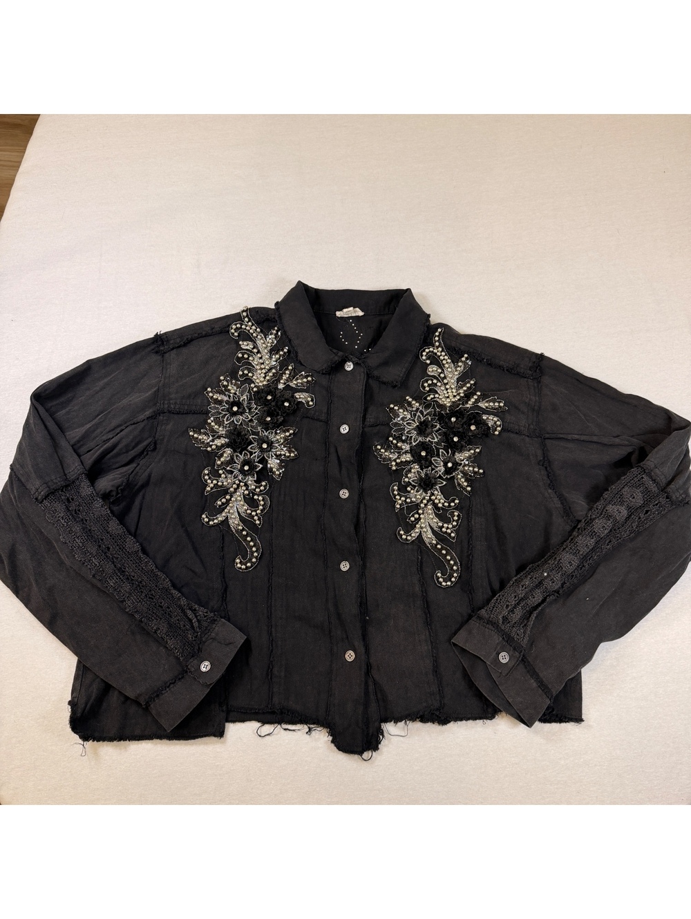 POL Black Beaded Lace Embroidered Shacket Jacket L Whimsigoth